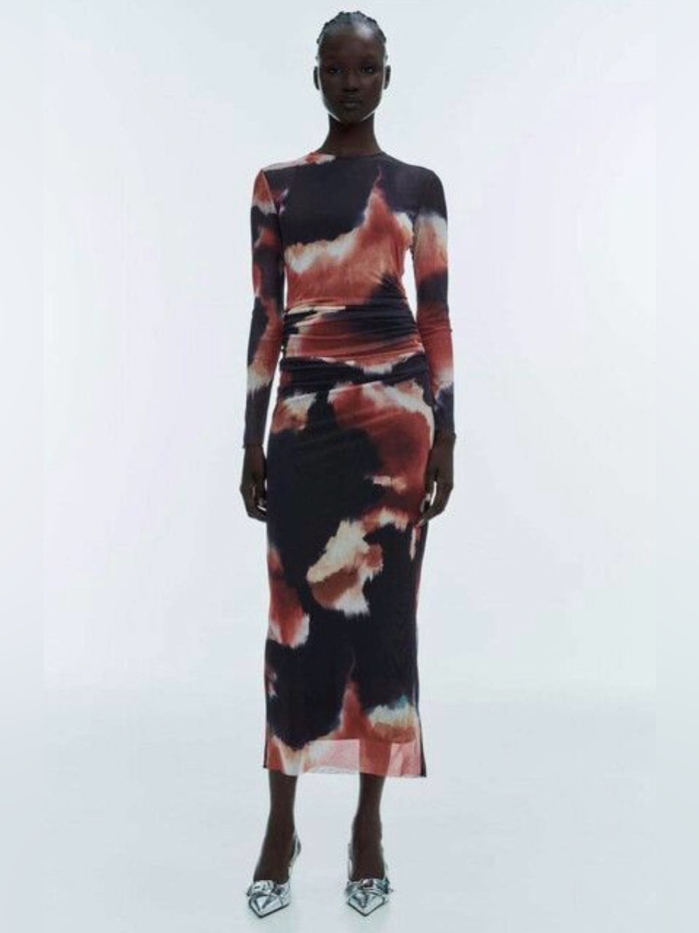 Zara Long Tie Dye Mesh Dress - Black & Rust